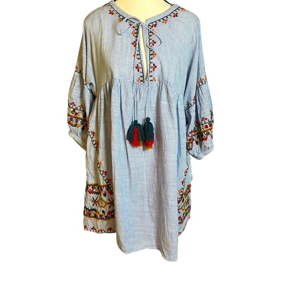 Zara Embroidered Puff Sleeves Tunic Mini Dress Top Womens Size S Floral Striped - Picture 1 of 11